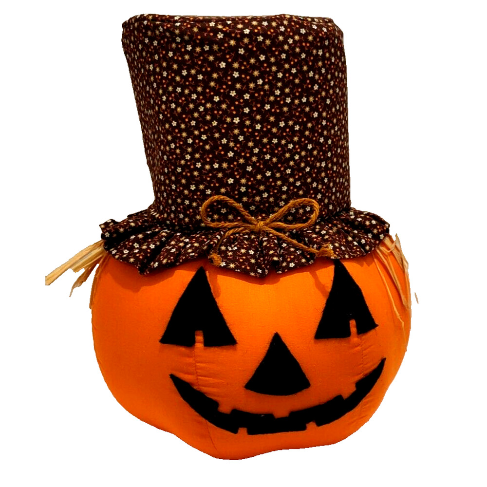 Vintage Handcrafted Fabric Jack-o-Lantern with Brown Floral Hat 13x11" YK